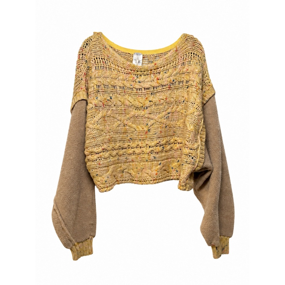 Free People Confetti Cable Knit Cropped Sweater Butter Yellow Mixed Media Boho L